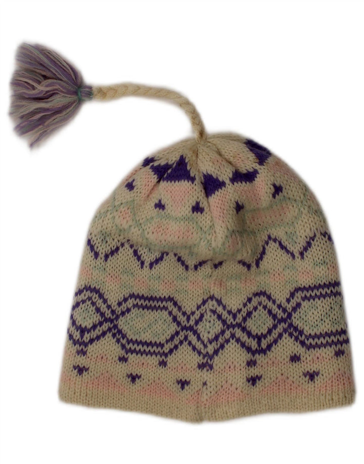Gorro feminino vintage, tamanho único, branco, lã Fair Isle