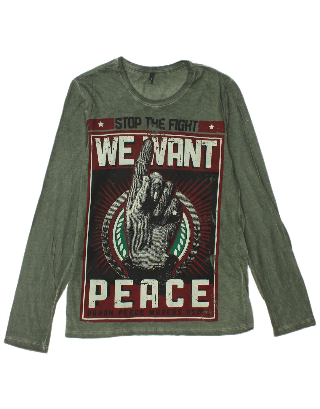 Top gráfico masculino BENETTON manga comprida pequeno algodão verde