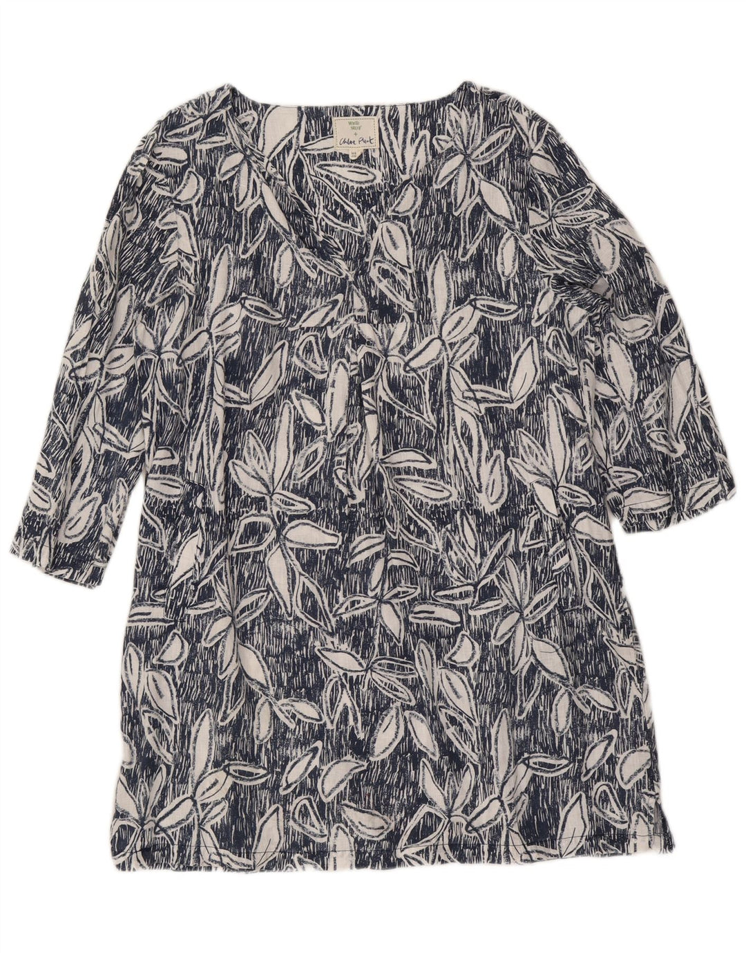 Vestido feminino manga 3/4 White Stuff UK 12 linho floral azul médio