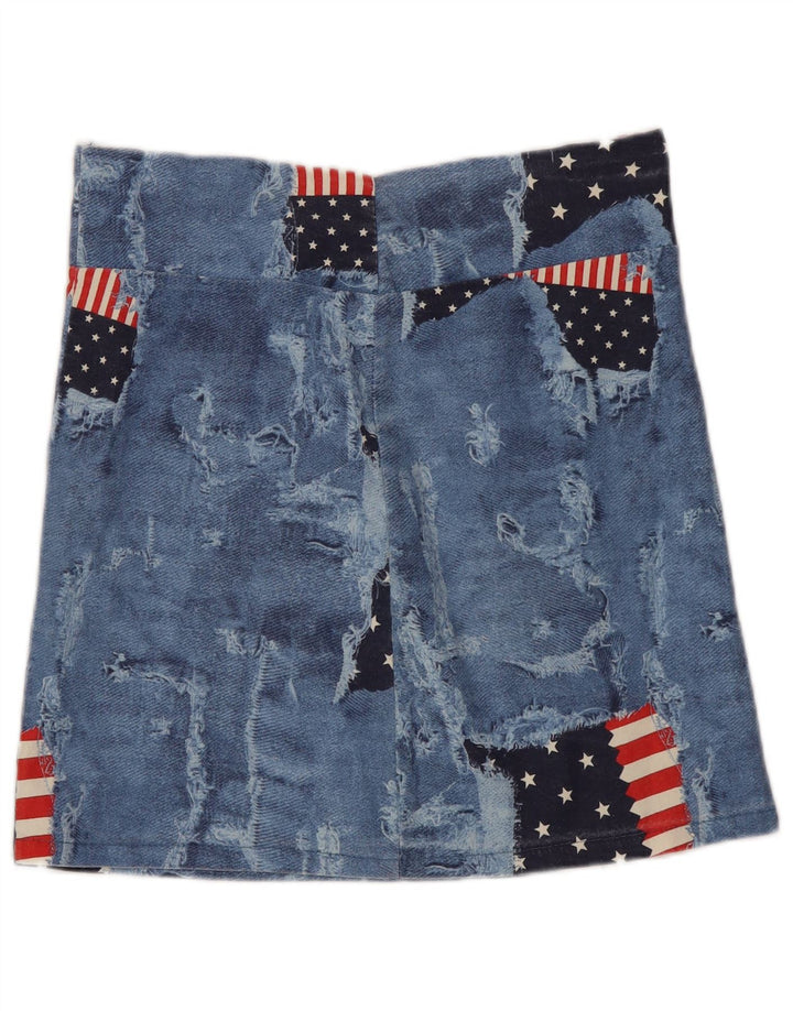 Minissaia feminina vintage envelhecida média W28 azul patchwork algodão EUA