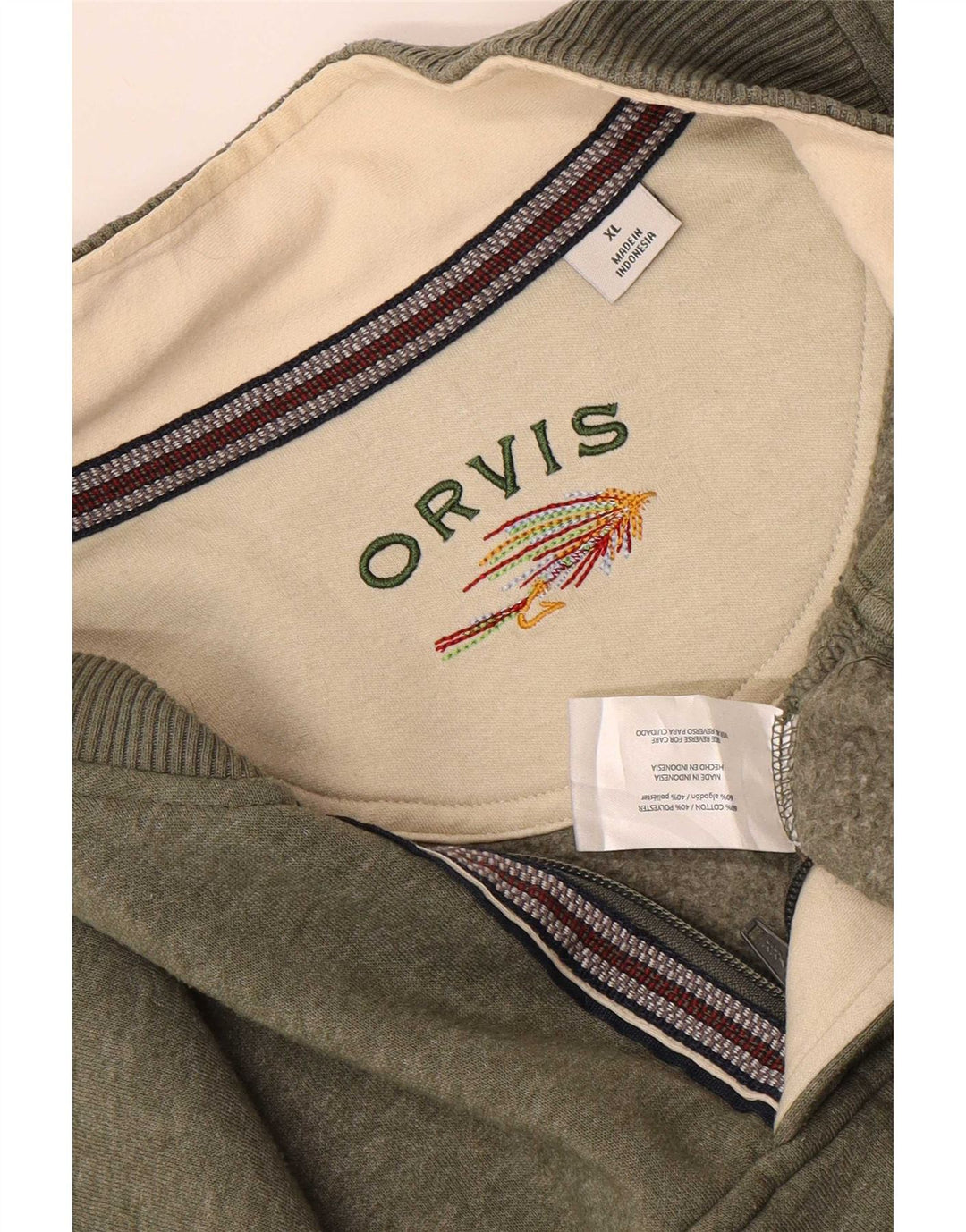 Suéter masculino Orvis com zíper e gola XL de algodão cáqui