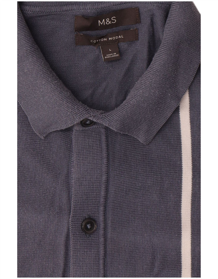 Suéter cardigã masculino Marks & Spencer grande algodão listrado azul marinho