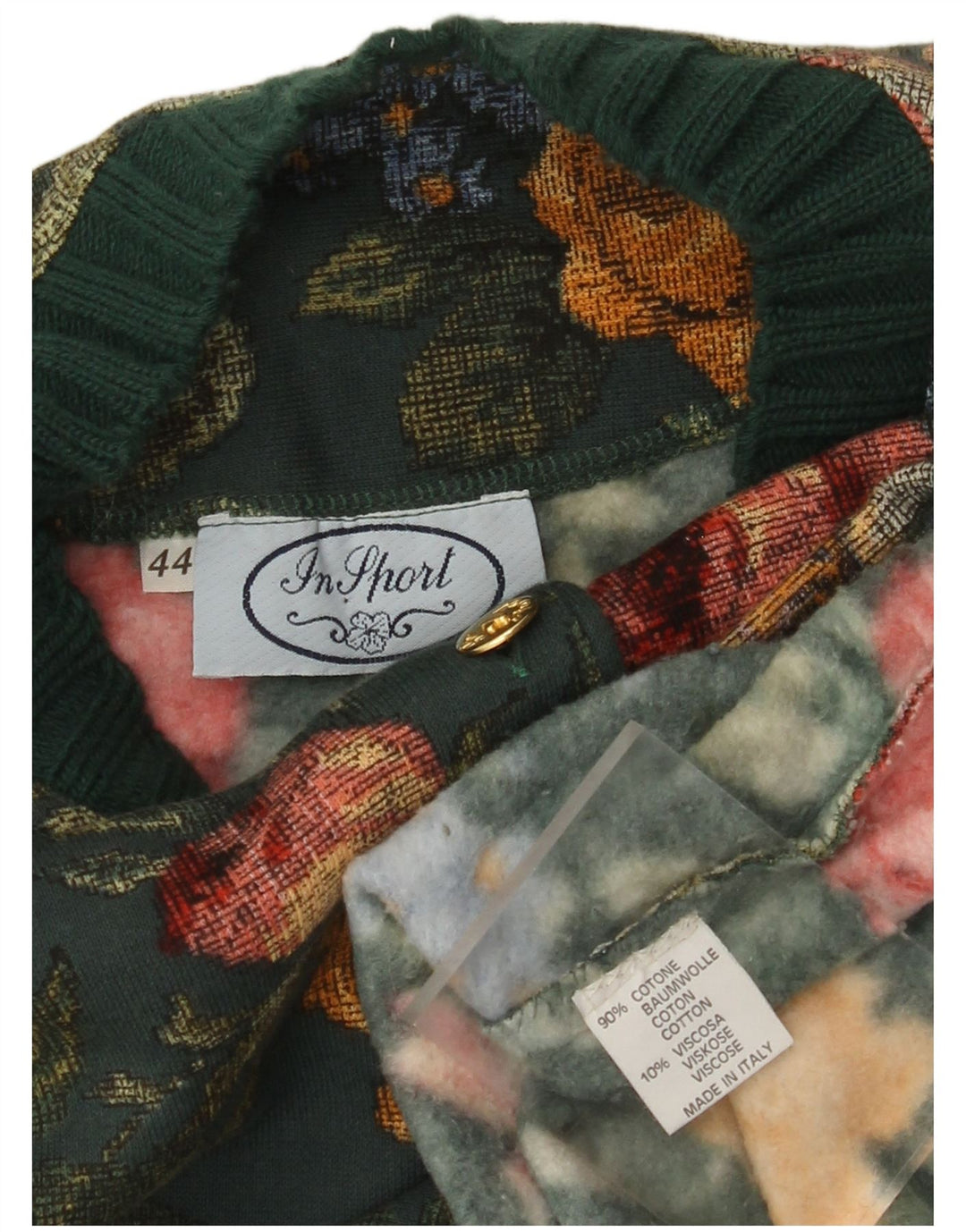 Suéter feminino VINTAGE com gola e botão IT 44 algodão floral verde médio