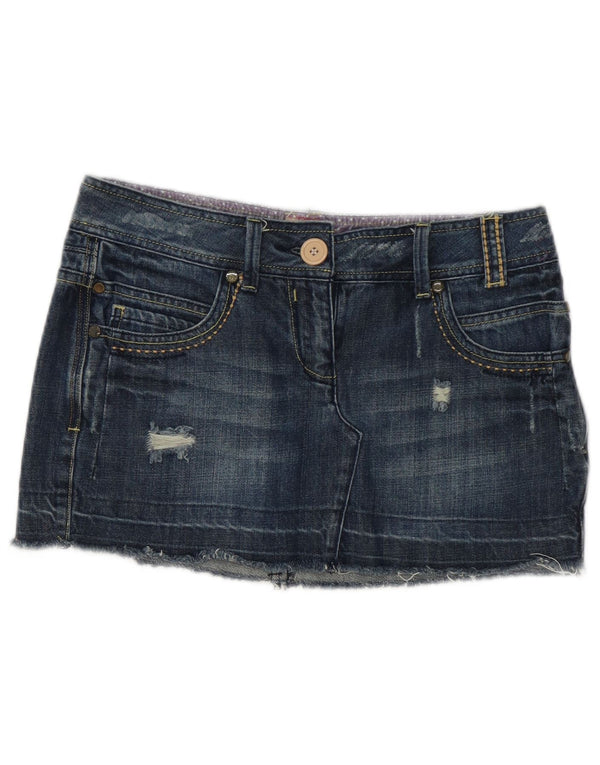 Mini saia jeans vintage feminina desgastada EUA 10 grande W32 algodão azul