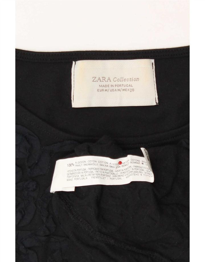 Camiseta feminina Zara com padrão abstrato Reino Unido 12 algodão preto médio