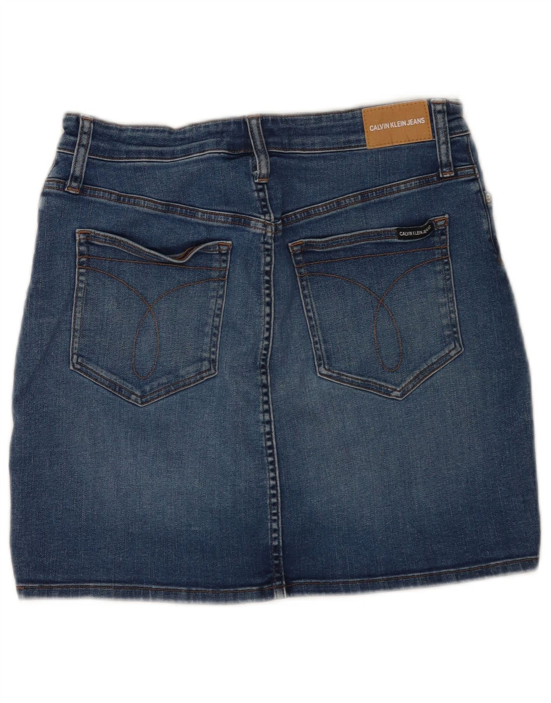 Mini saia jeans feminina Calvin Klein desgastada W31 algodão azul médio