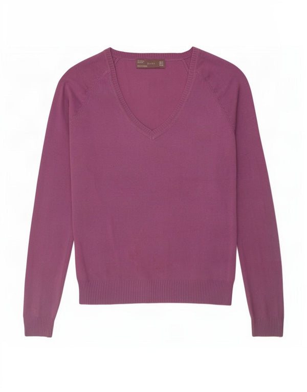 Suéter feminino Zara com decote em V Reino Unido 10 algodão roxo pequeno