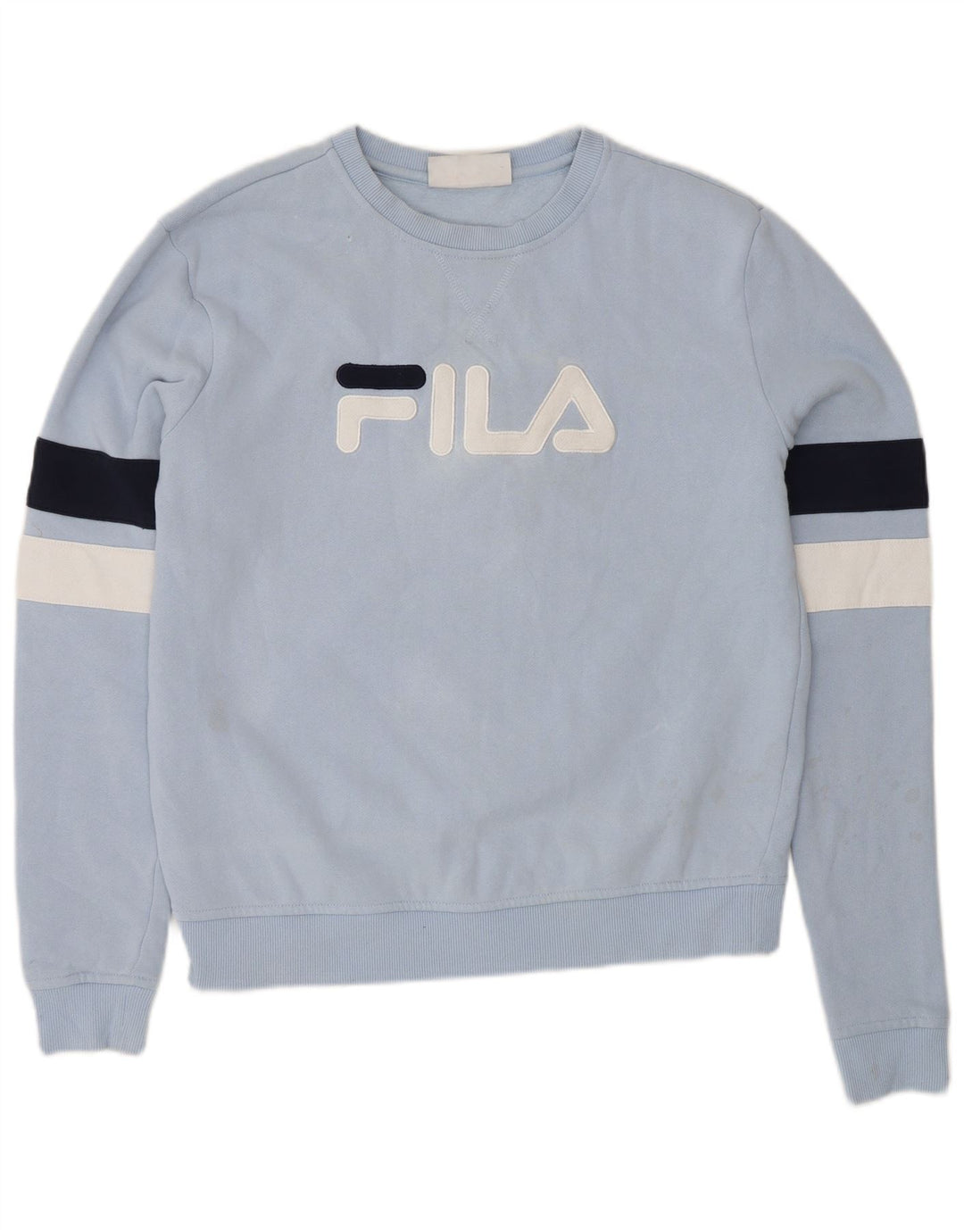 FILA moletom gráfico feminino jumper UK 14 algodão colorblock azul médio