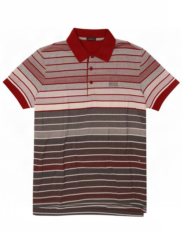 Camisa polo masculina Hugo Boss Regular Fit pequena listrada vermelha de algodão