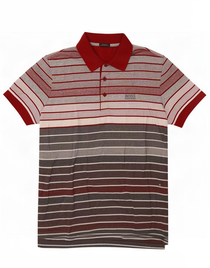 Camisa polo masculina Hugo Boss Regular Fit pequena listrada vermelha de algodão