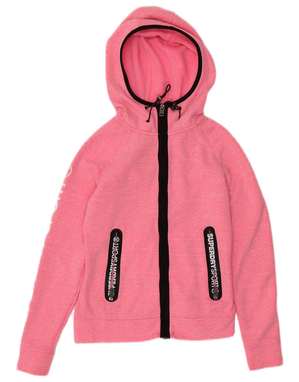 Suéter feminino SUPERDRY com capuz e zíper gráfico solto UK 6 XS rosa manchado