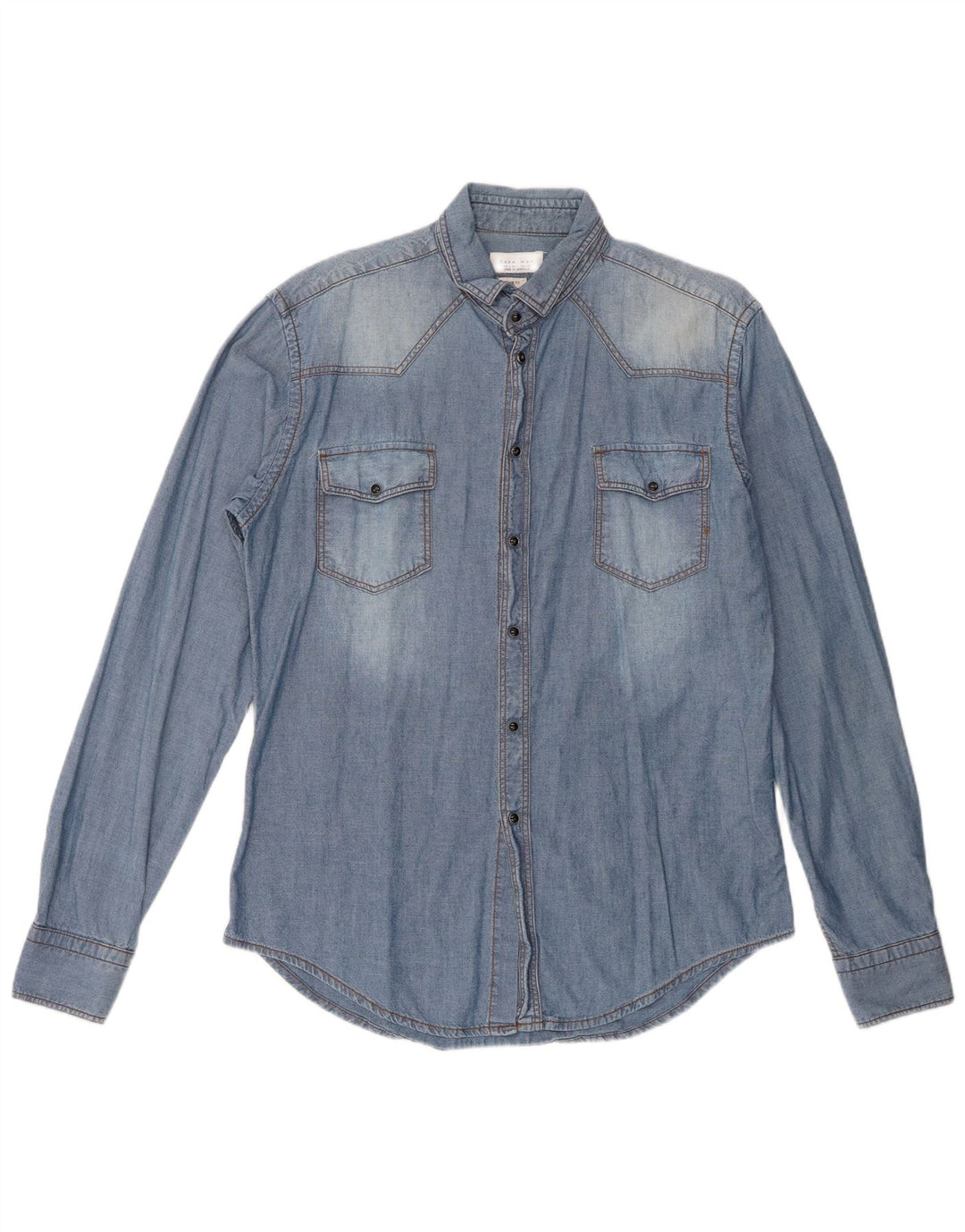 Camisa jeans masculina Zara Slim Fit grande algodão azul