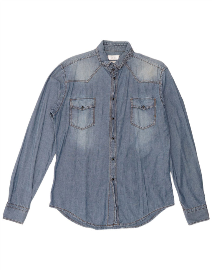 Camisa jeans masculina Zara Slim Fit grande algodão azul