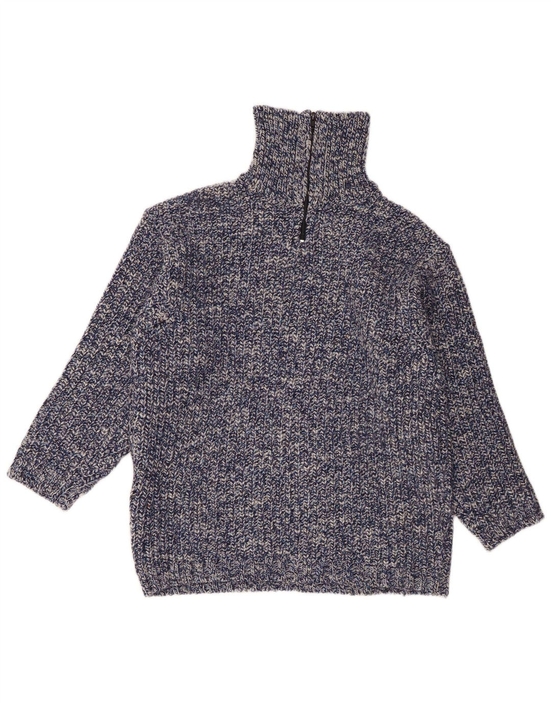 Suéter vintage masculino com zíper e gola alta de lã manchada azul grande