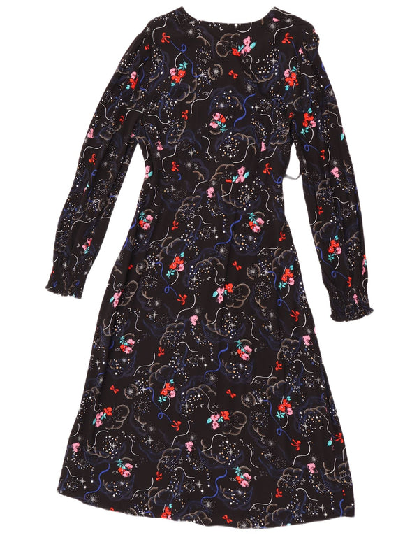Vestido maxi feminino de manga comprida Marks & Spencer Reino Unido 12 médio preto floral