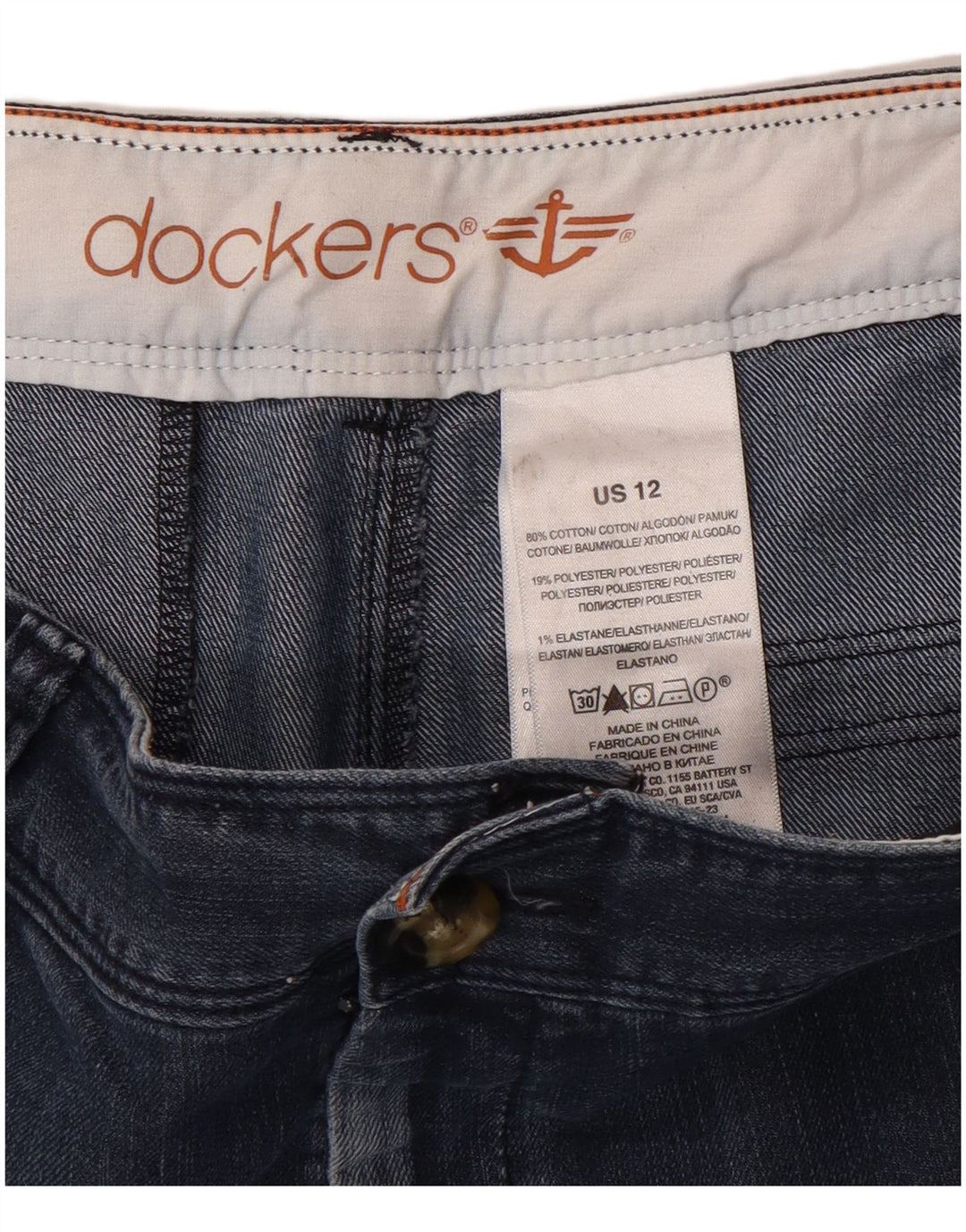 Shorts jeans feminino Dockers EUA 12 grande W34 algodão azul marinho