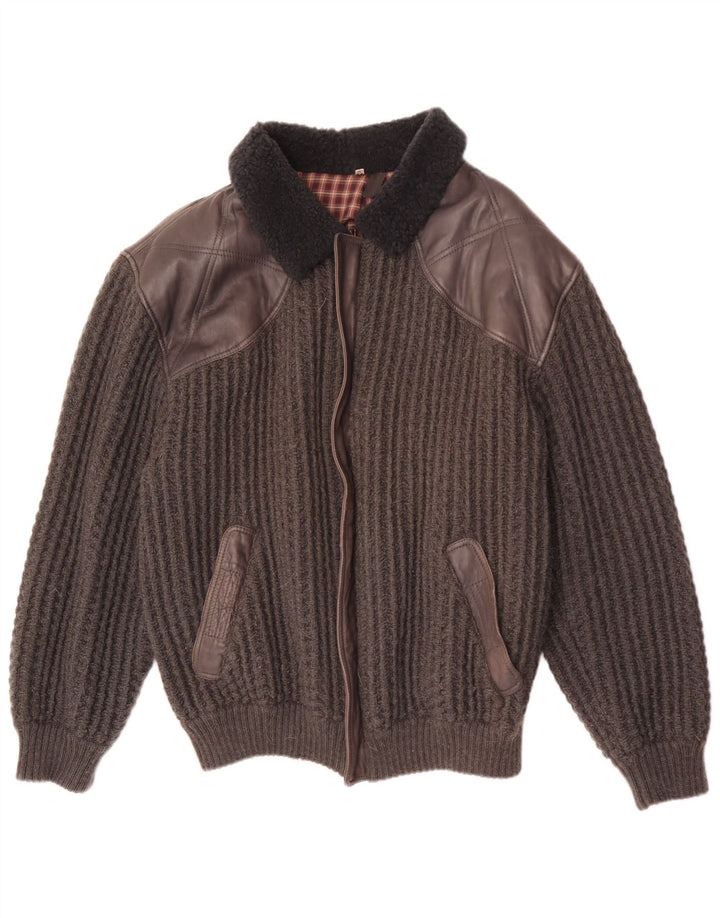 Jaqueta bomber vintage masculina de malha IT 54/56 XL cinza colorblock lã