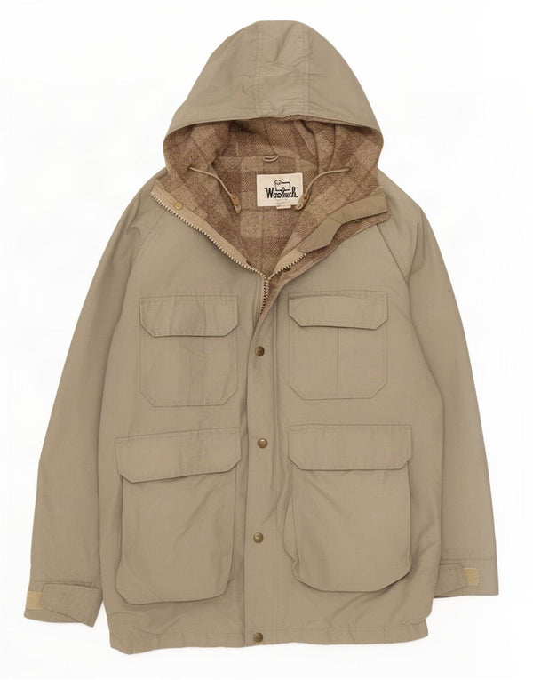 Jaqueta masculina Woolrich com capuz Parka UK 38 algodão cinza médio