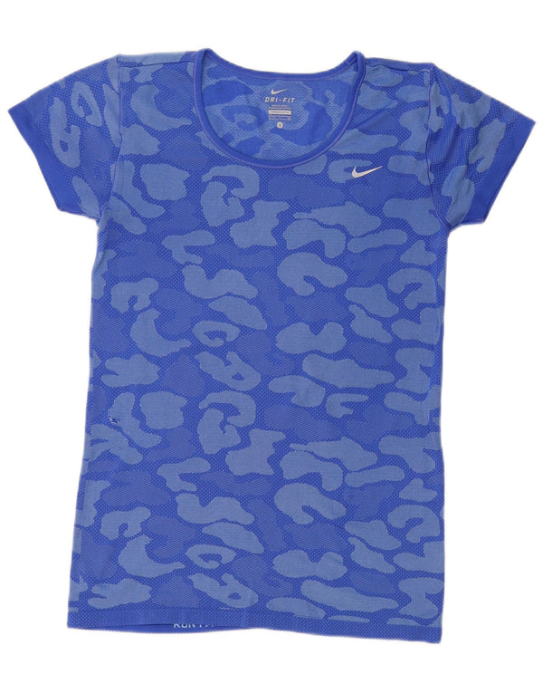 Camiseta feminina Nike Dri Fit UK 10 pequena azul camuflada