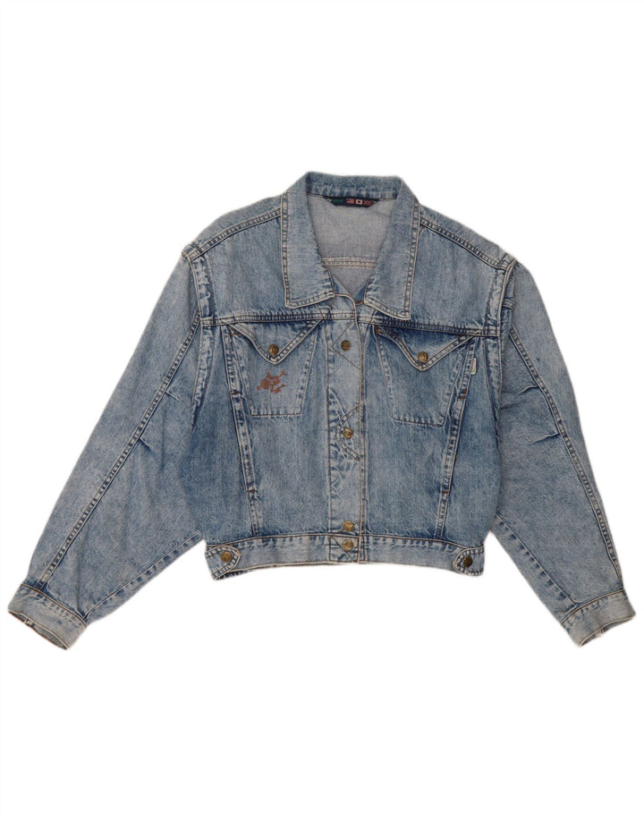 Jaqueta jeans feminina vintage Reino Unido 12 algodão azul médio