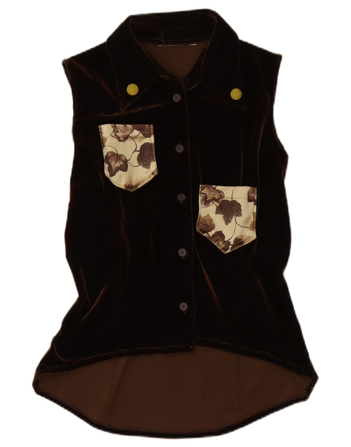 Blusa feminina VINTAGE de veludo sem mangas Reino Unido 12 marrom médio floral