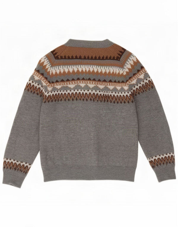 Suéter cardigã feminino vintage Reino Unido 16 grande cinza Fair Isle poliéster