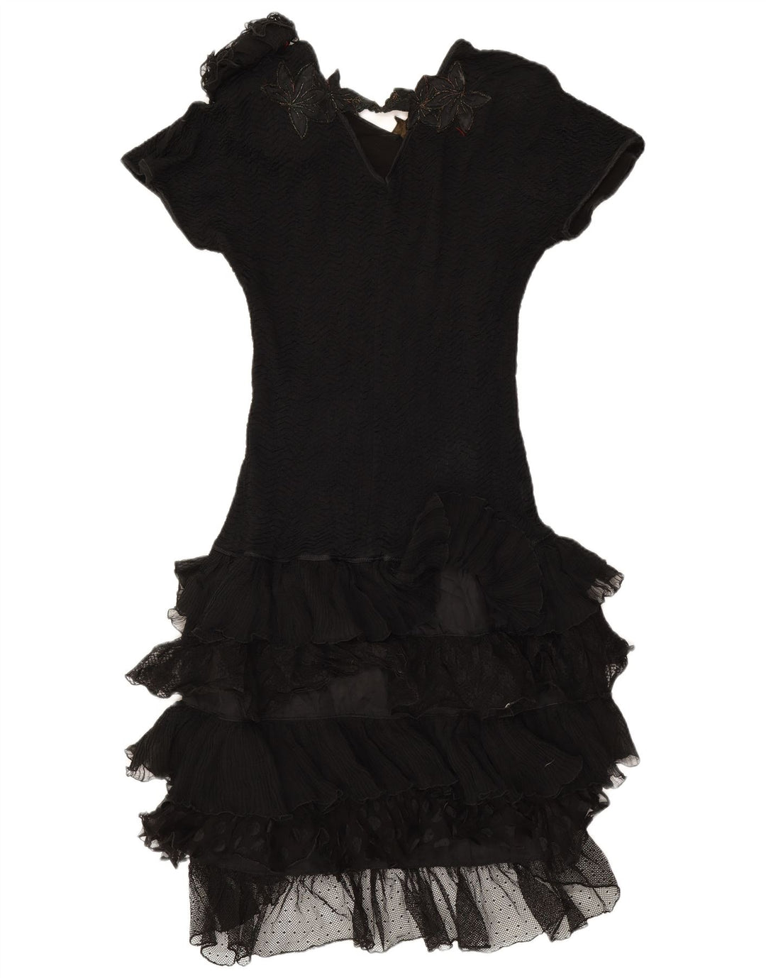 Vestido vintage feminino em camadas UK 12 médio preto floral