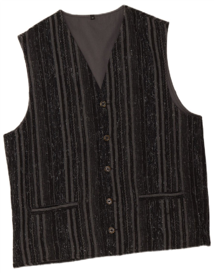 Colete masculino vintage de poliéster listrado preto médio