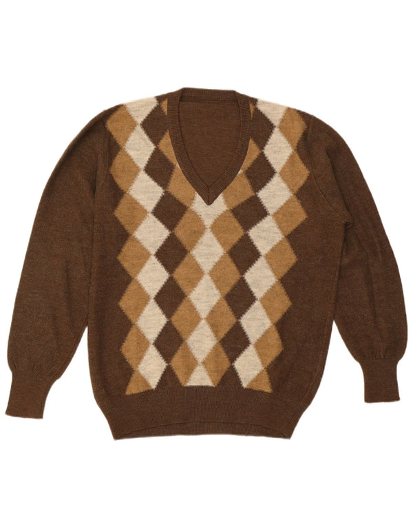 Suéter masculino vintage com decote em V grande marrom Argyle/Diamante