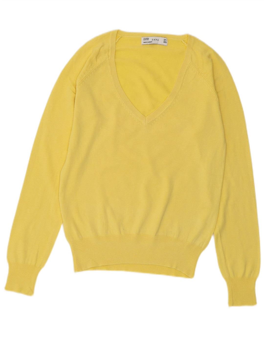 Suéter feminino ZARA com decote em V Reino Unido 14 grande algodão amarelo