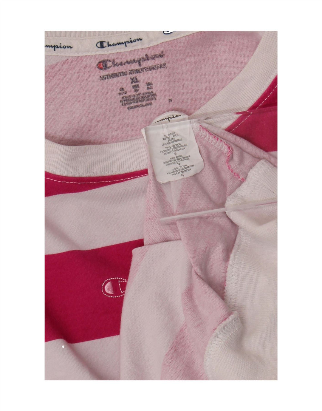 CHAMPION Womens Oversized Sweatshirt Jumper UK 18 XL Pink Striped Cotton Vintage Champion and Second-Hand Champion from Messina Hembry 