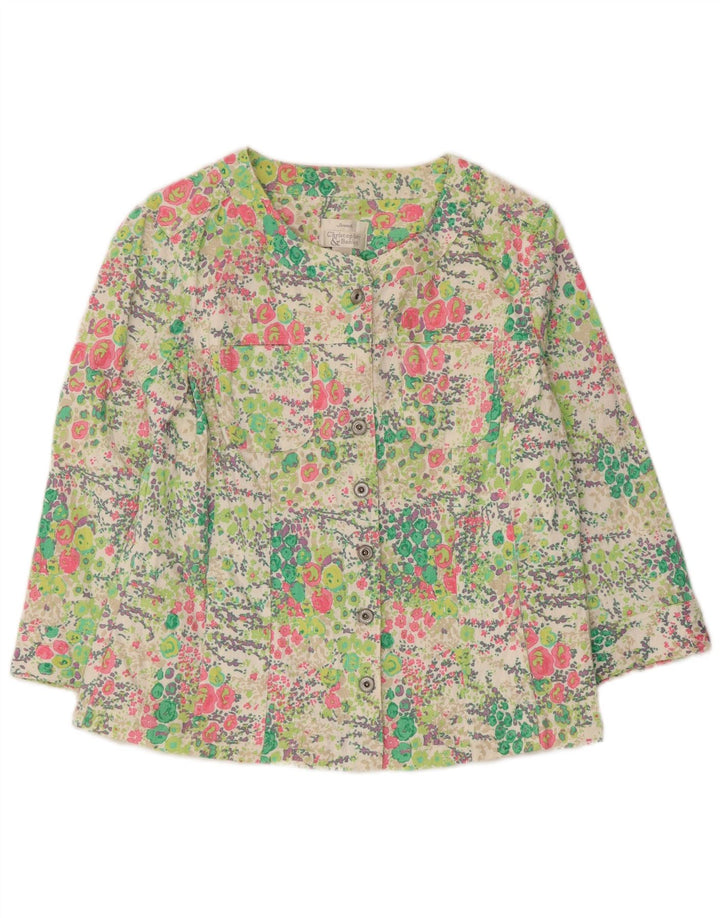 Blusa feminina VINTAGE manga 3/4 UK 12 média floral multicolorida