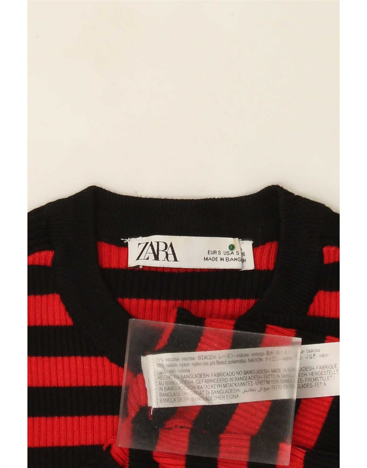 Zara Top curto feminino manga comprida Reino Unido 8 viscose listrada vermelha pequena