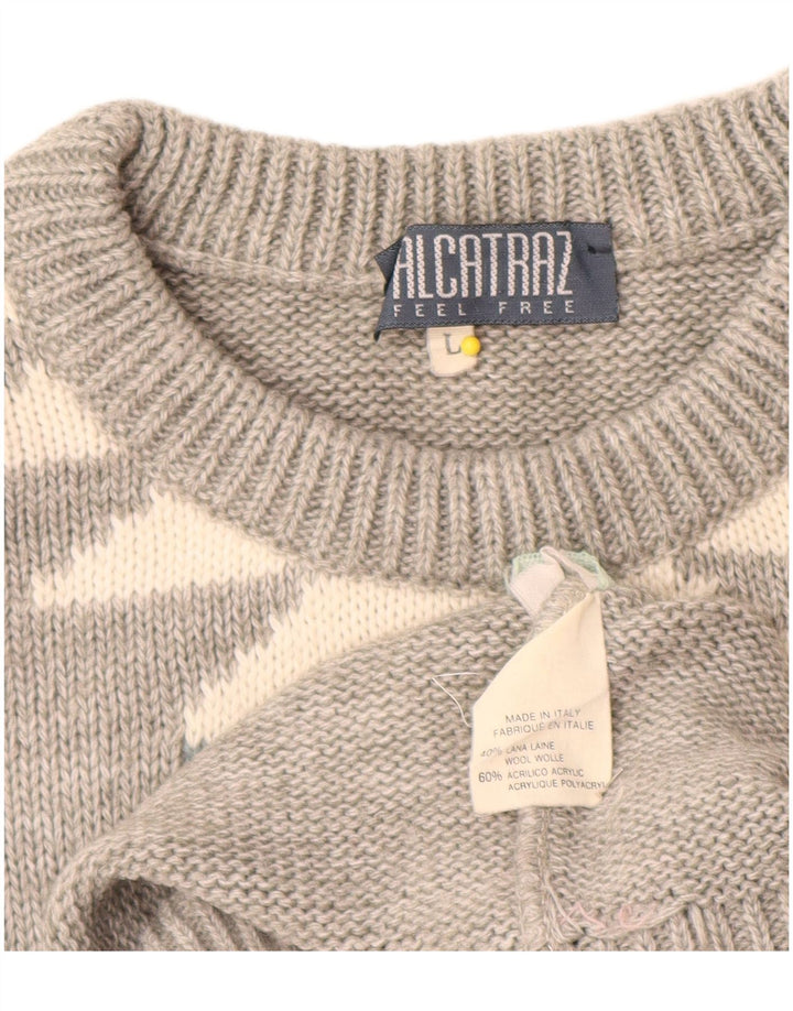 Suéter masculino Alcatraz com gola redonda, grande lã geométrica cinza