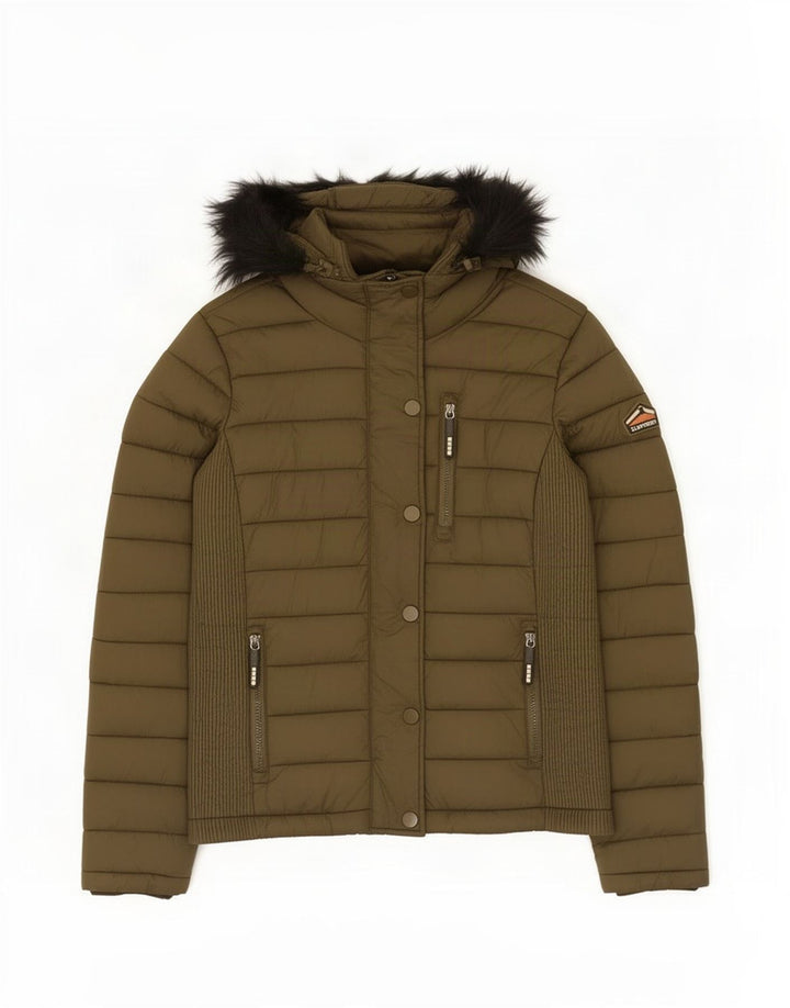 Jaqueta acolchoada com capuz feminina Superdry UK 14 nylon cáqui médio