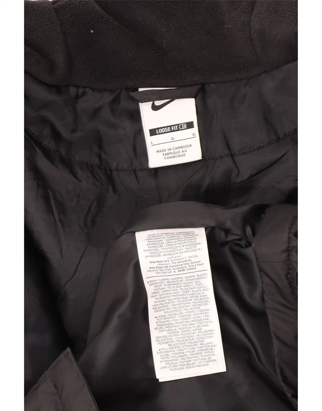Casaco acolchoado com capuz gráfico masculino Nike UK 40 grande poliéster preto