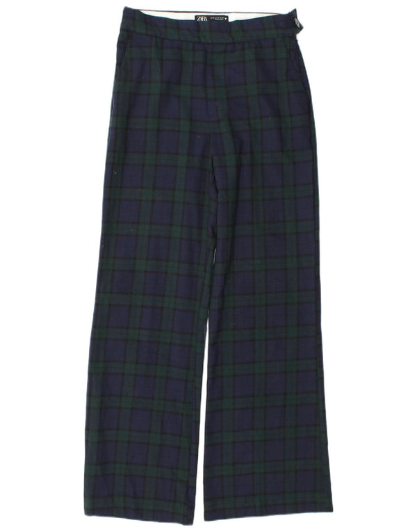 Calça chino feminina Zara com perna larga XS W24 L30 poliéster xadrez azul marinho