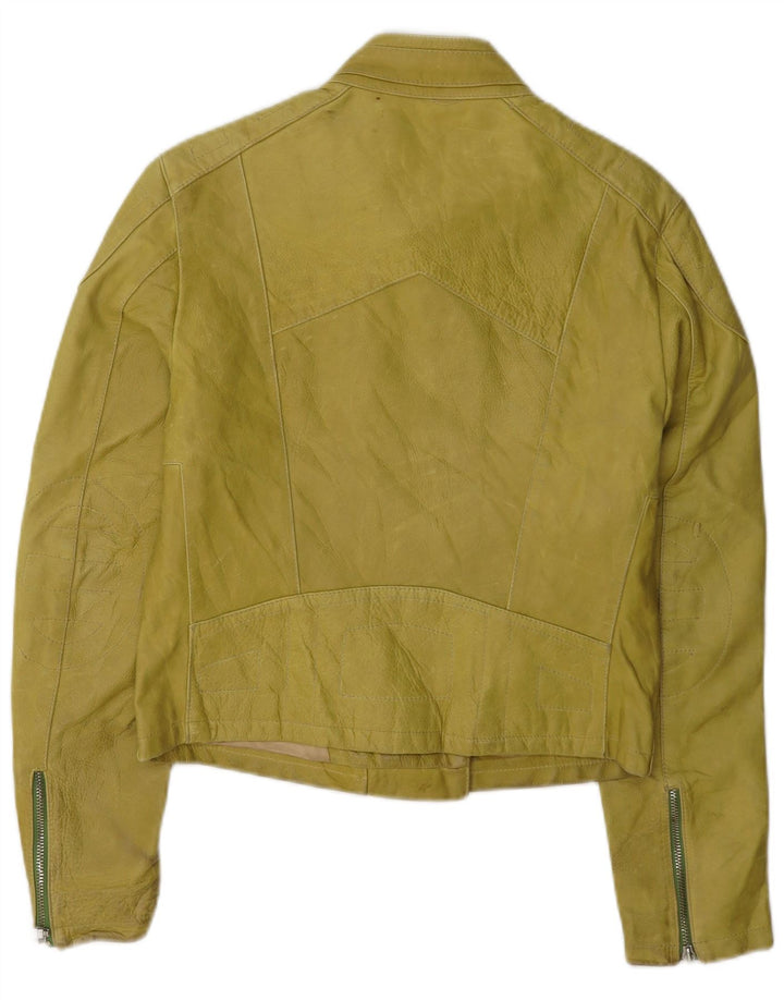 Jaqueta feminina vintage de couro para motociclista UK 14 grande amarela