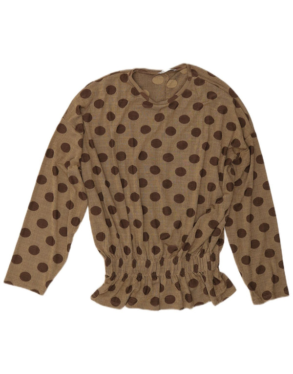 Blusa feminina Zara de manga comprida grande tamanho UK 10 bolinhas cáqui pequenas