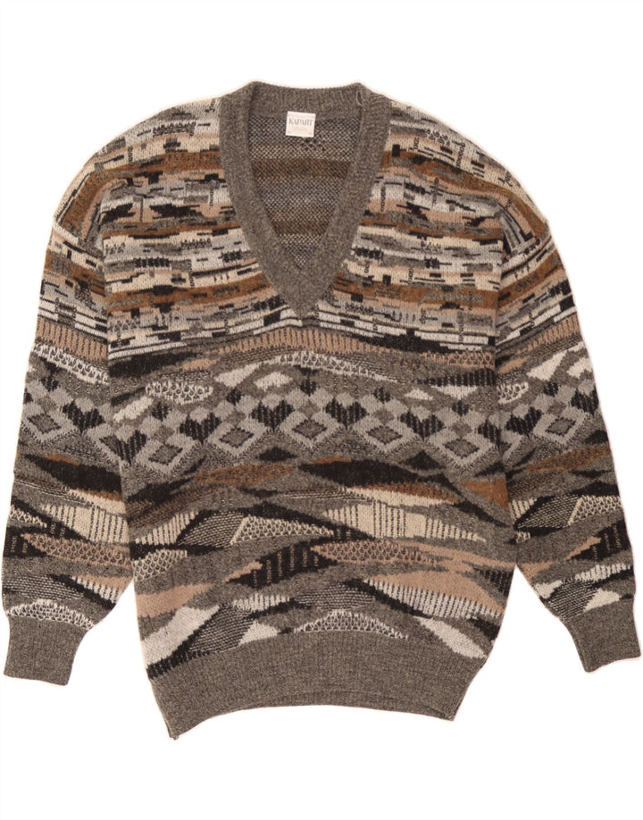 KAPART Mens V-Neck Jumper Sweater EU 54 XL Grey Geometric Wool Vintage Kapart and Second-Hand Kapart from Messina Hembry 