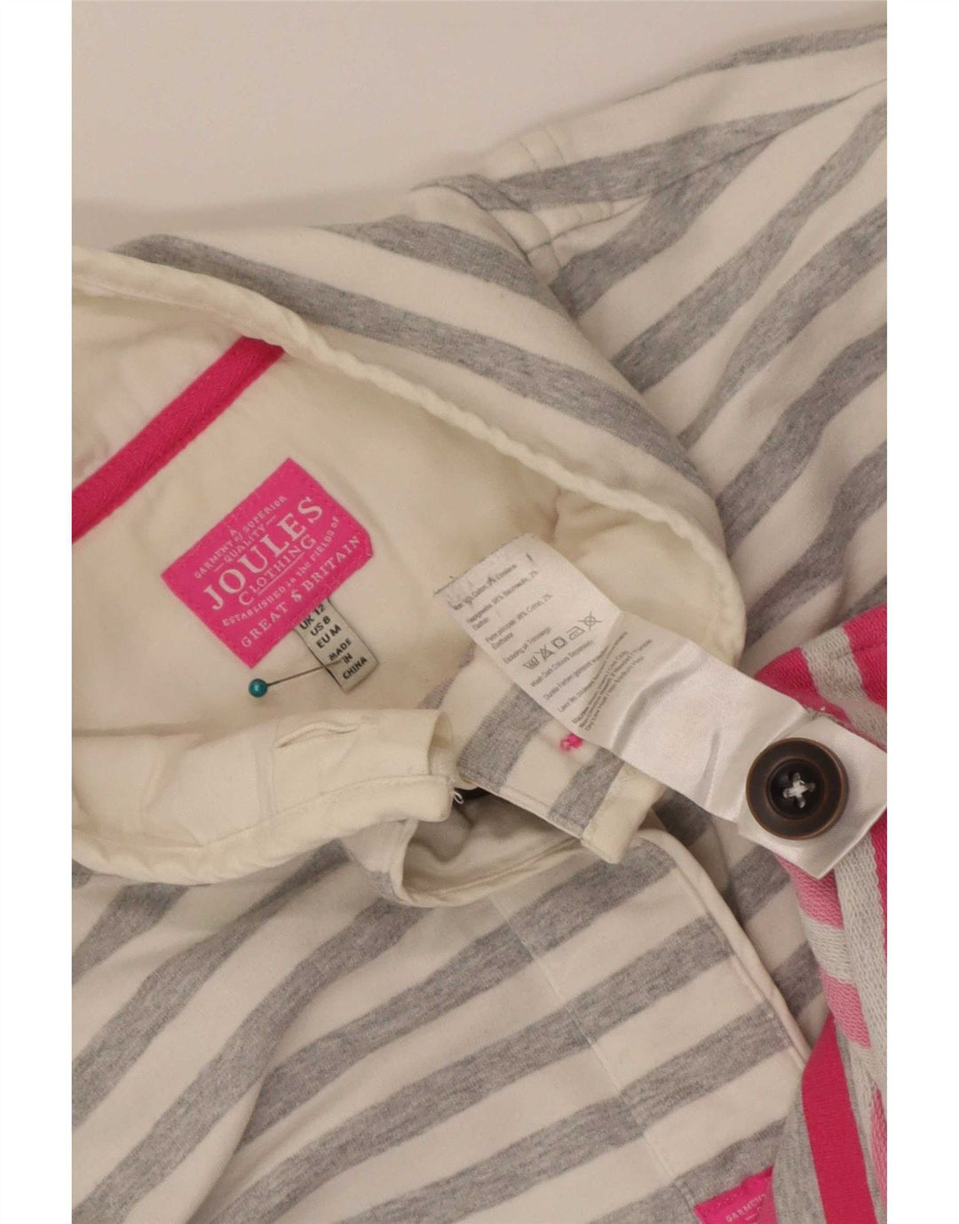 Suéter feminino Joules com gola e botão UK 12 listrado cinza médio
