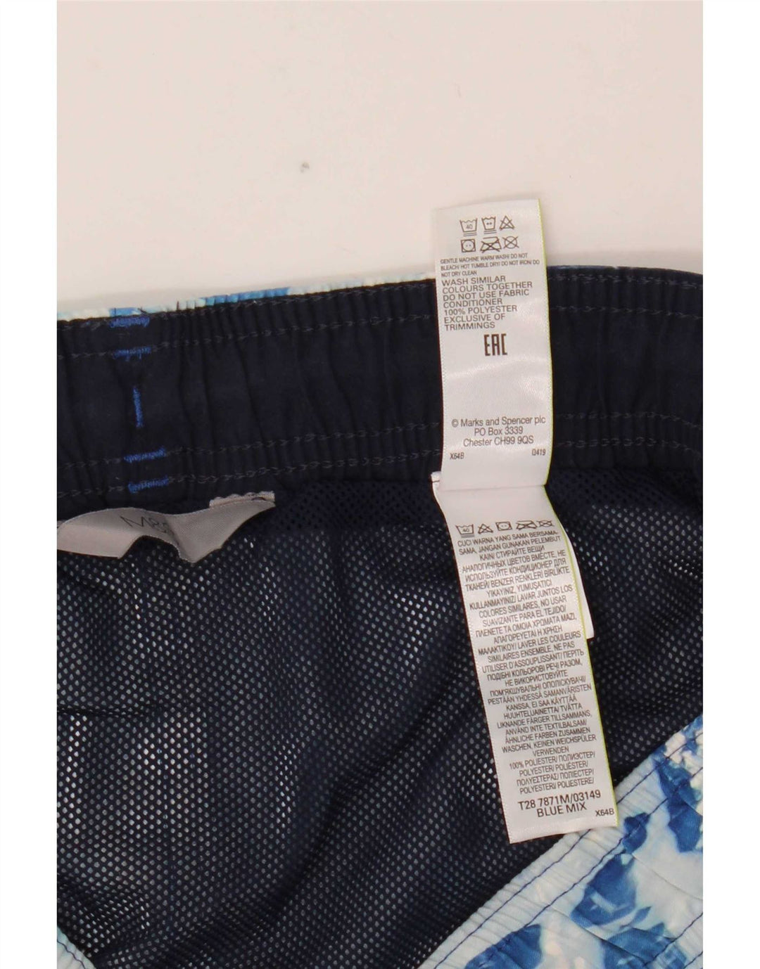 Shorts de natação masculino Marks & Spencer com padrão abstrato grande poliéster azul