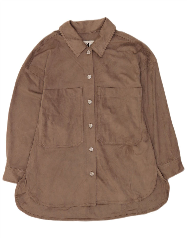 Camisa feminina de veludo Zara UK 14 poliéster cinza médio