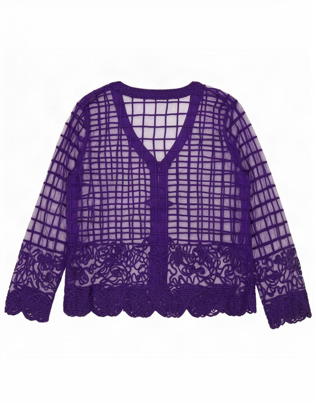 Blusa feminina vintage transparente Reino Unido 14 médio roxo geométrico