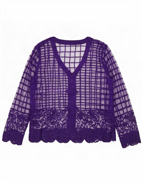 Blusa feminina vintage transparente Reino Unido 14 médio roxo geométrico