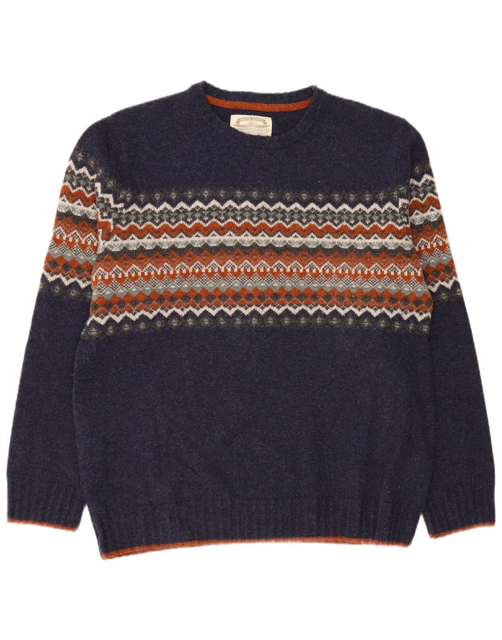 WHITE STUFF Suéter masculino com gola canoa XL azul marinho Fair Isle Lambswool