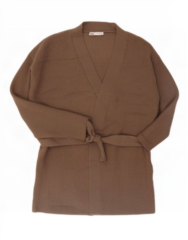 Suéter cardigã feminino Zara Longline Reino Unido 16 grande marrom acrílico