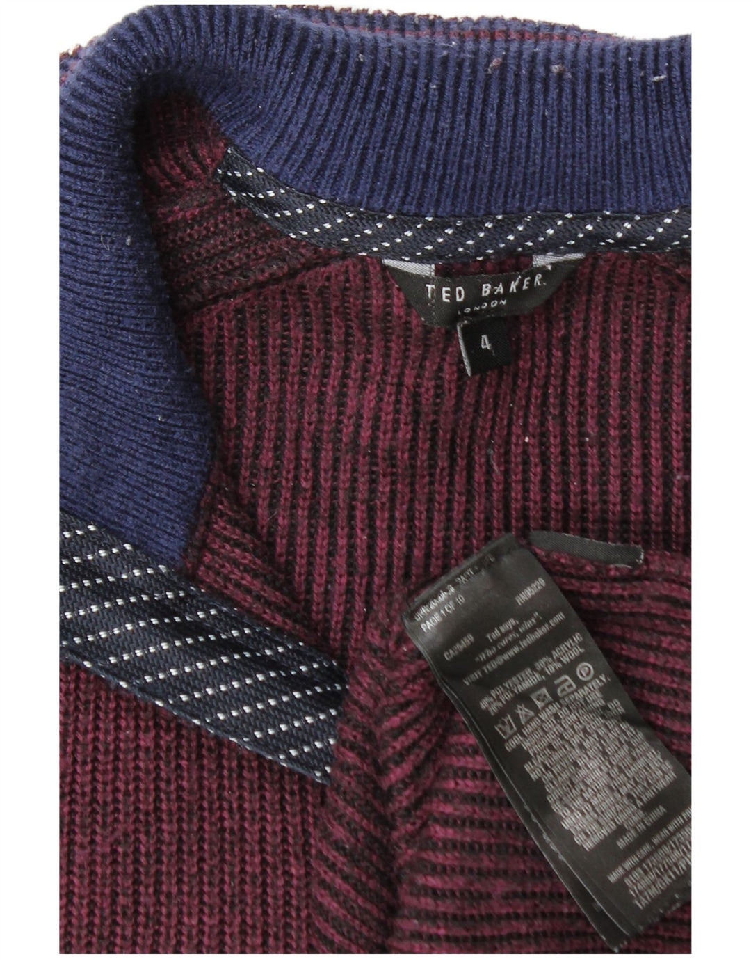 Suéter masculino Ted Baker com zíper e pescoço tamanho 4 grande poliéster cor de vinho