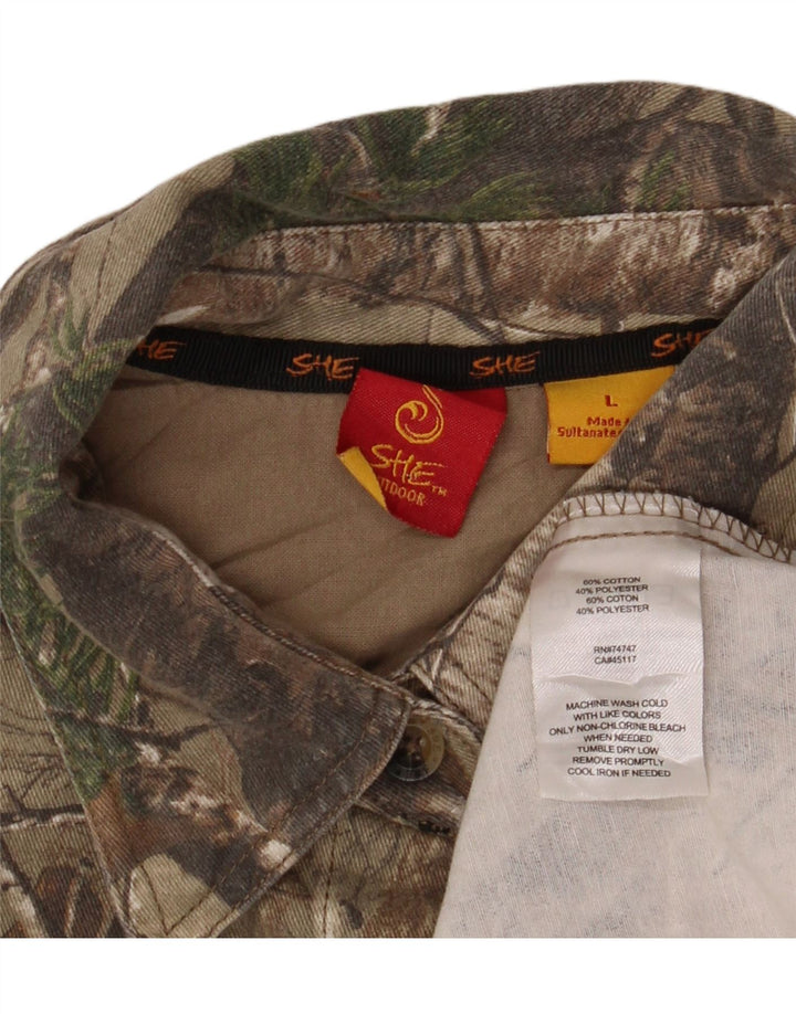 Camisa feminina VINTAGE com padrão abstrato Reino Unido 16 grande algodão cáqui colorido