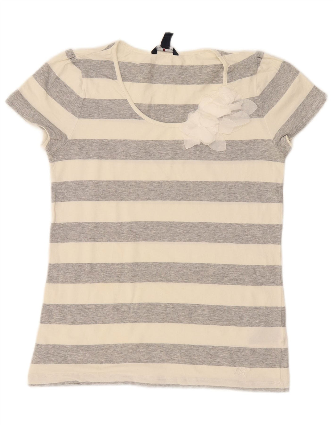 Camiseta feminina Tommy Hilfiger UK 12 algodão listrado cinza médio